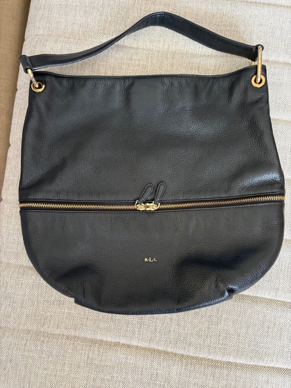 Lauren Ralph Lauren Black Leather Shoulder Hobo with Gold Hardware Accents